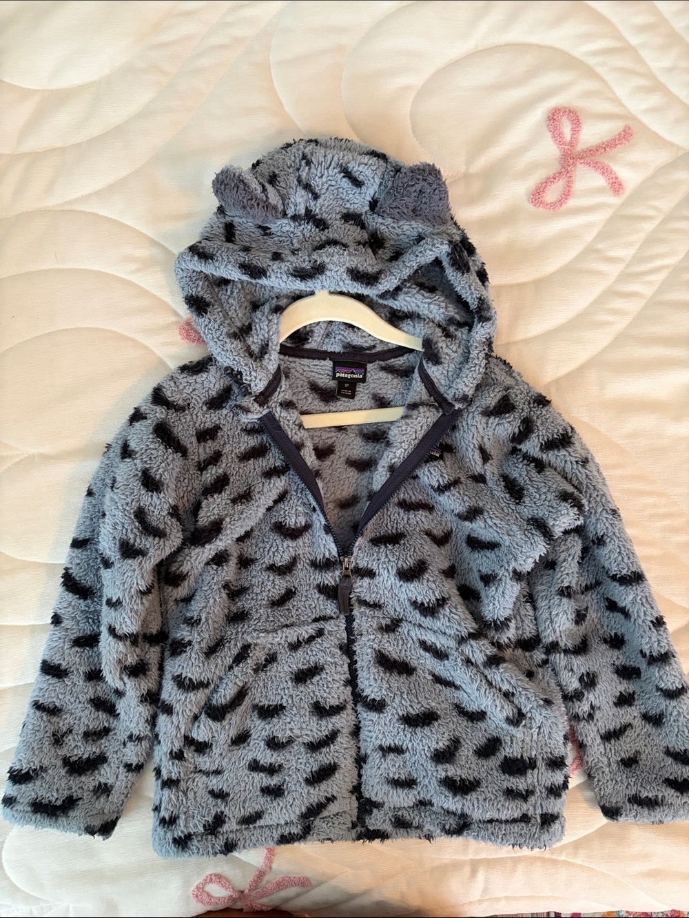 Patagonia Light Gray and Black Fuzzy Zip-Up Hoodie with Ears